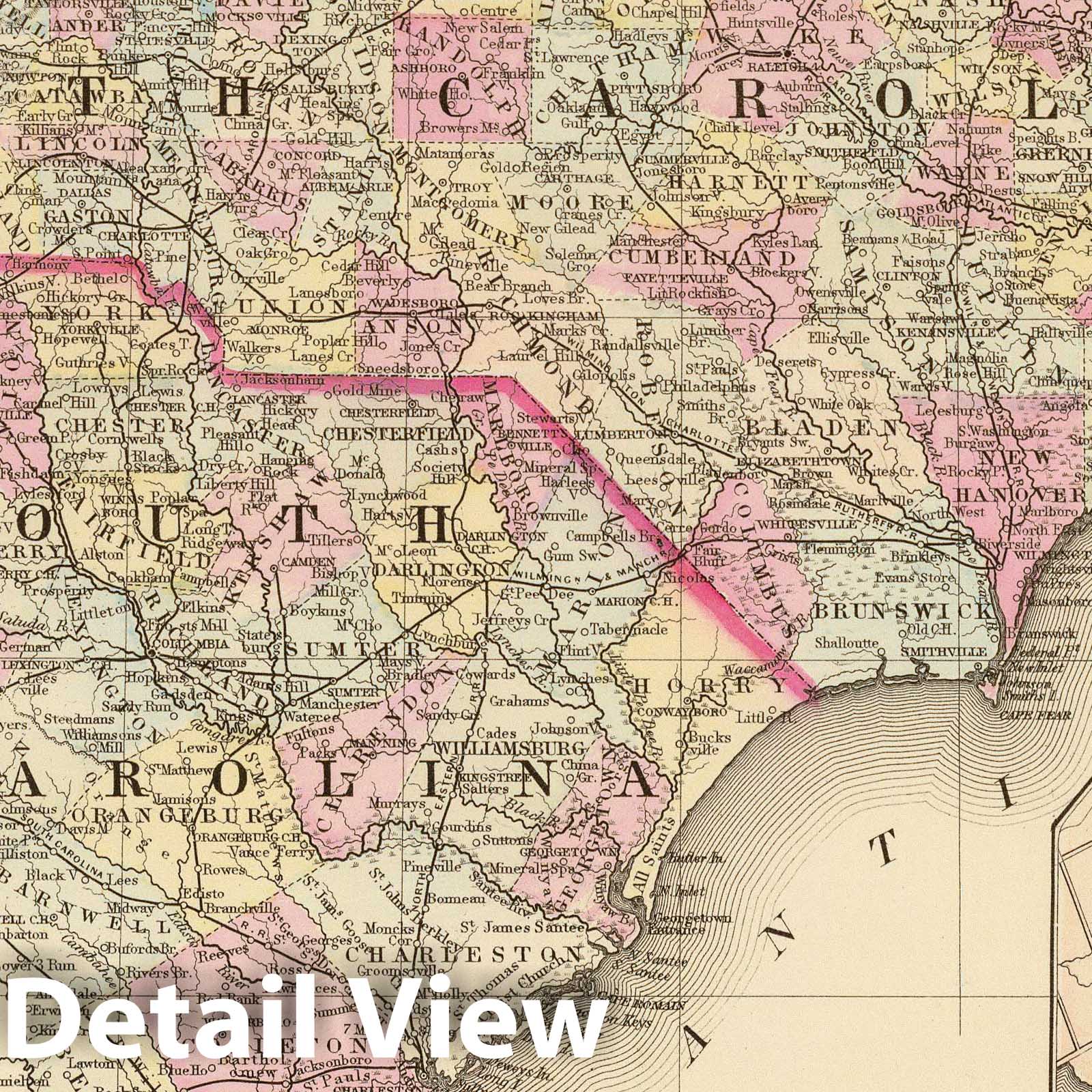 North Carolina, South Carolina with Plan of Charleston - Railroad Map, 1880