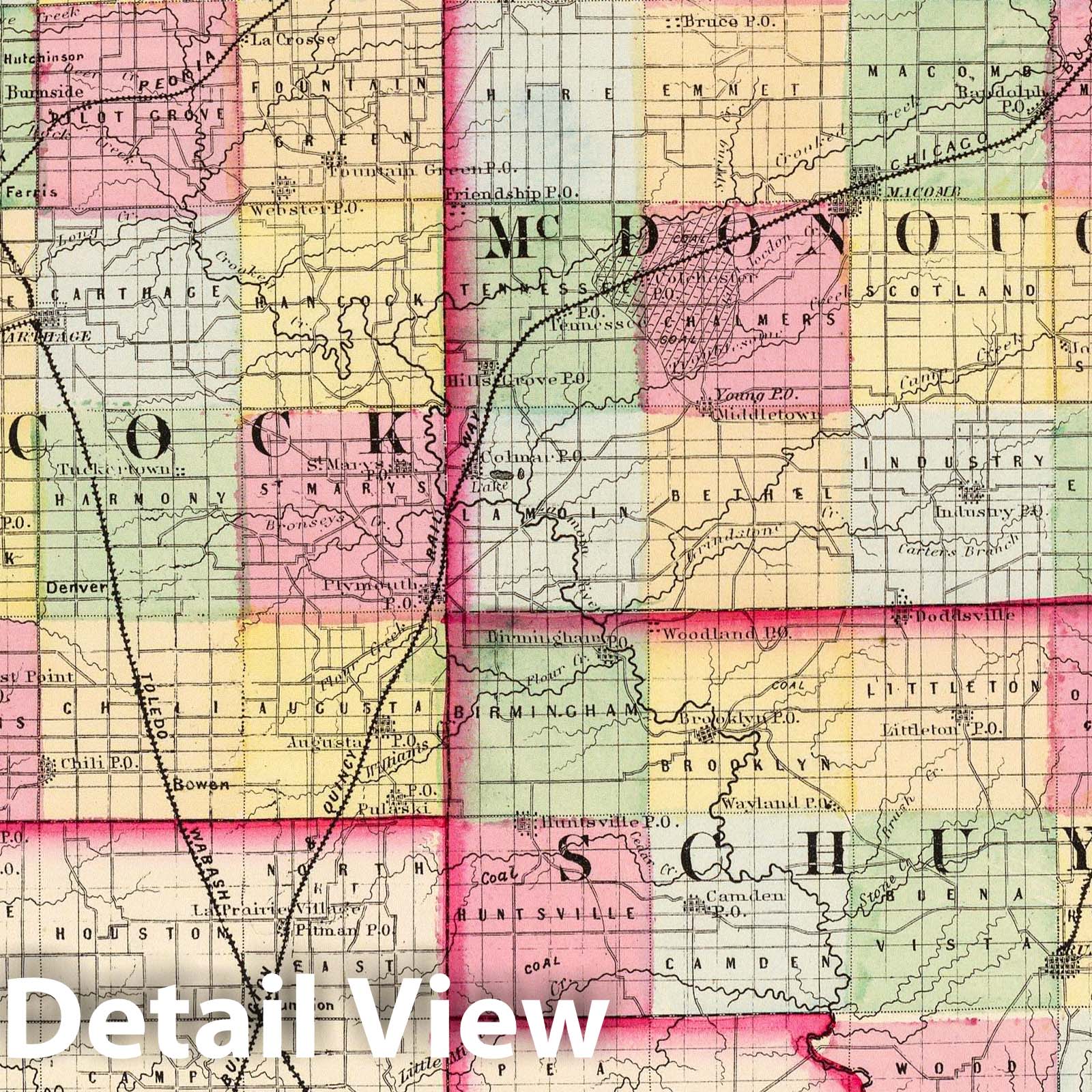Hancock, McDonough and Schuyler Counties, Illinois - Railroad Map, 1870