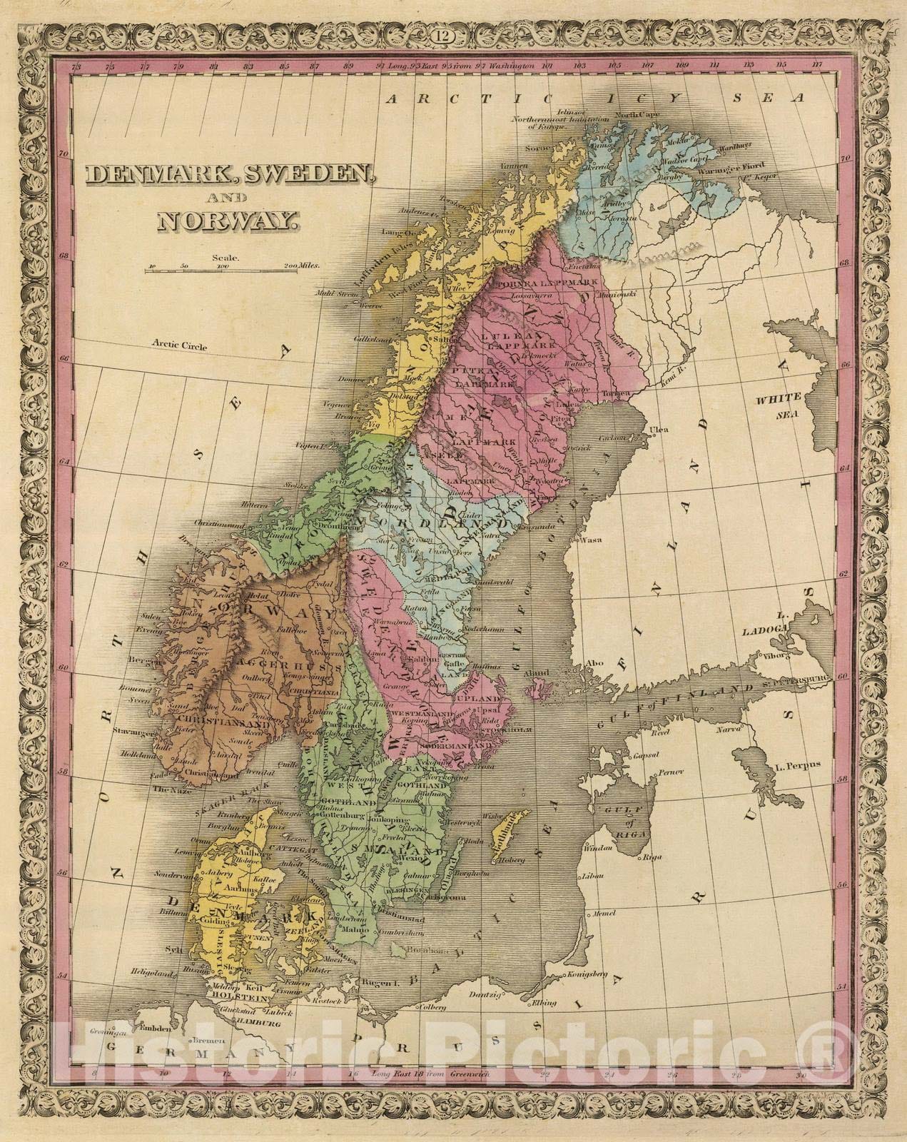 Historic Map : 1845 Denmark, Sweden, Norway. - Vintage Wall Art
