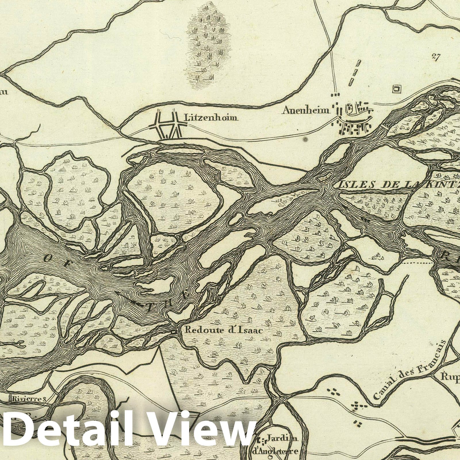 Rhine near Strasbourg - France and Germany, 1824 - Historical Military Map Print