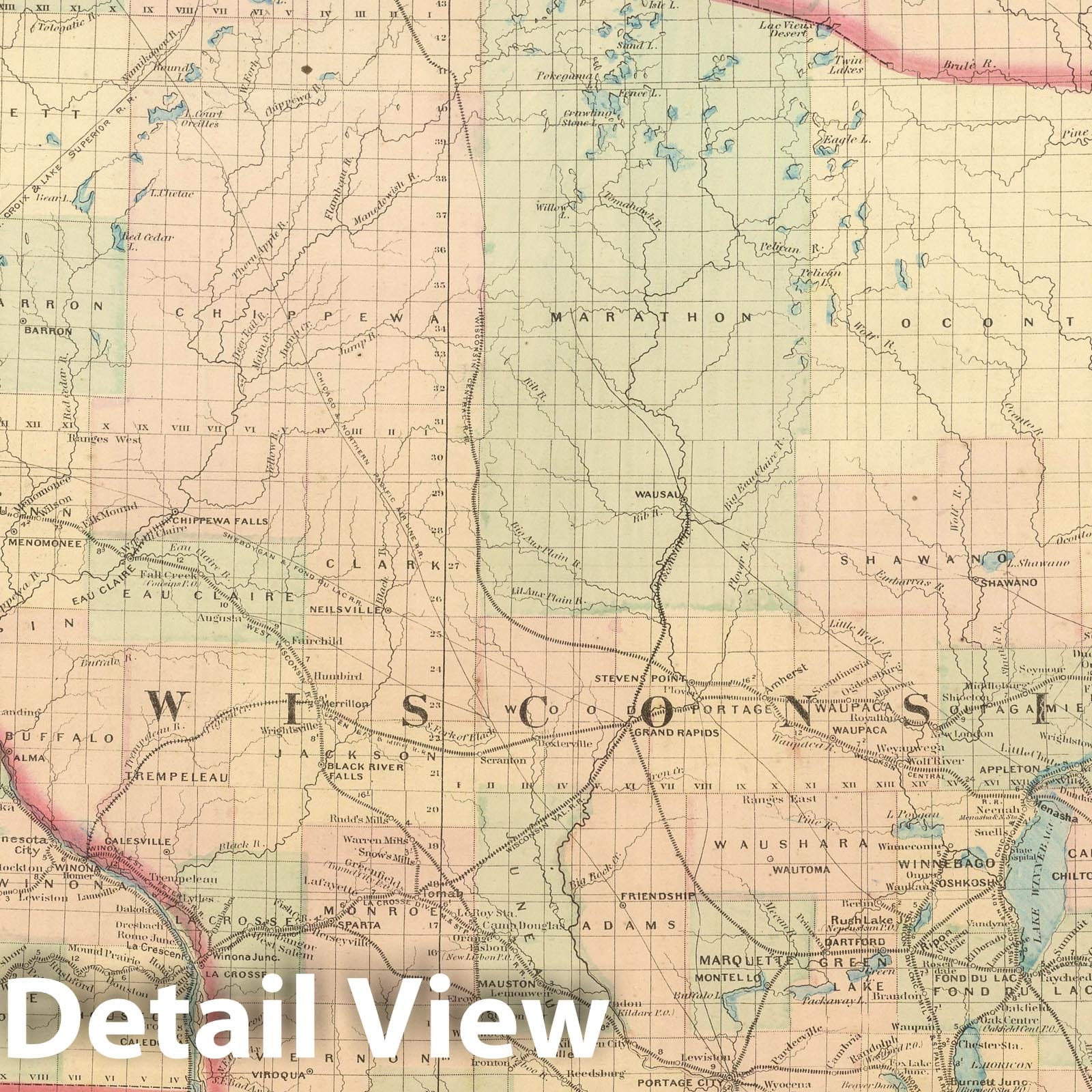 Wisconsin - Railroad Map, 1875 - Asher & Adams Historical Map Print