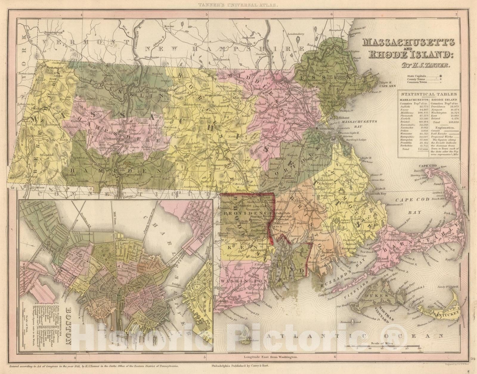 Historic Map : 1845 Massachusetts And Rhode Island. - Vintage Wall Art