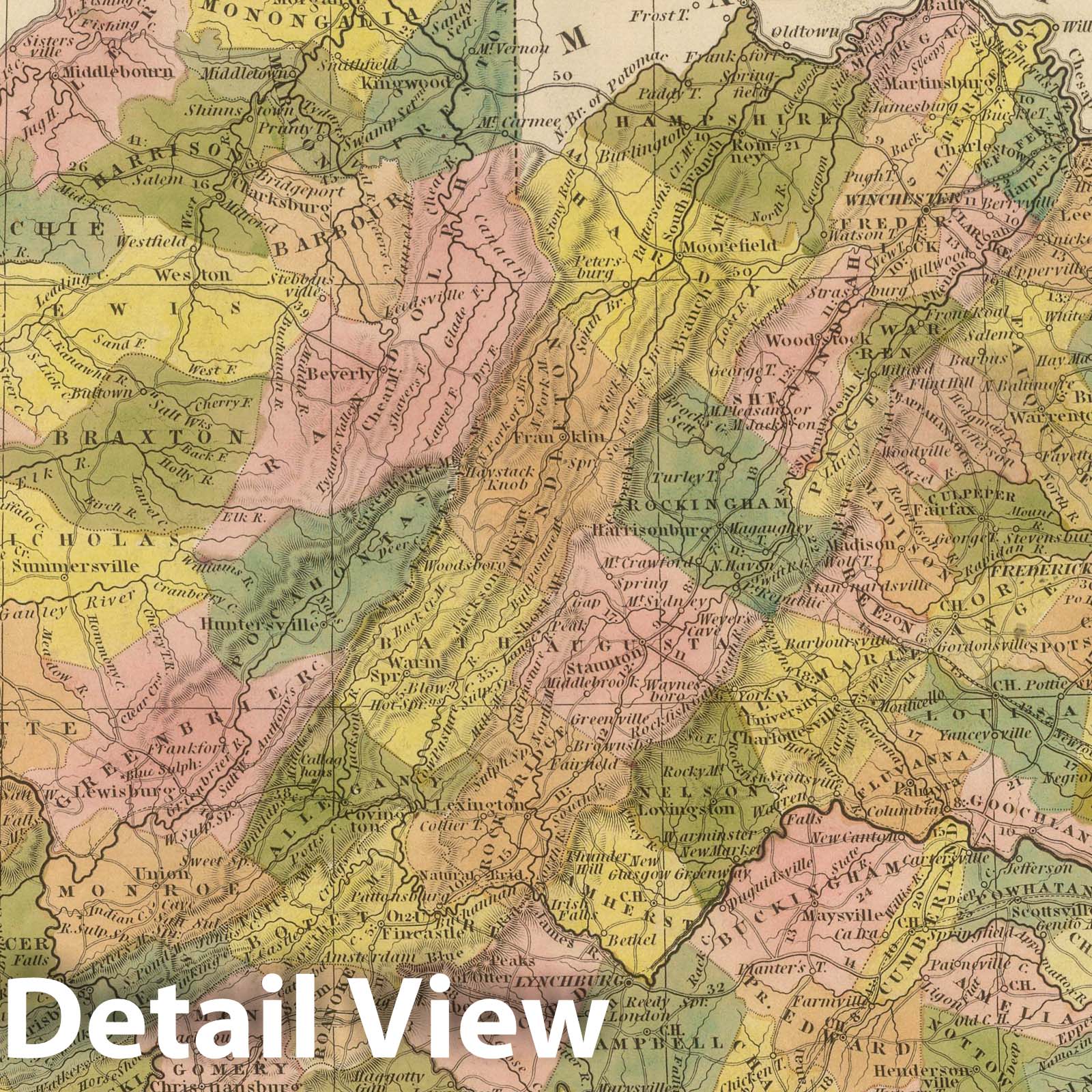 Virginia - Road Map, 1845 - Historical Map Print