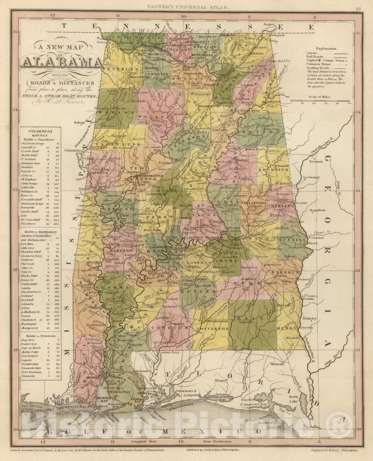 Historic Map : 1845 New Map Of Alabama. - Vintage Wall Art