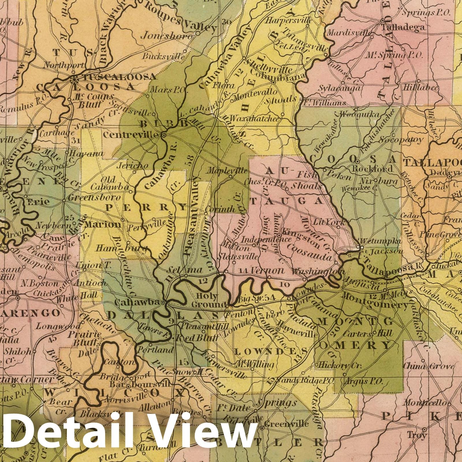 Alabama - Road Map, 1845 - Historical Map Print