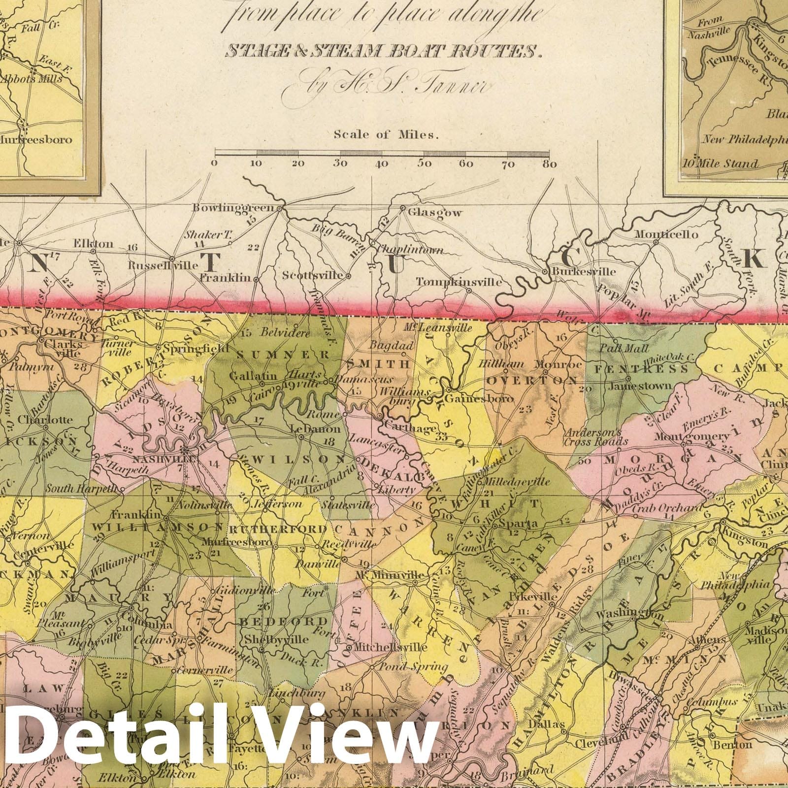 Tennessee - Road Map, 1845 - Historical Map Print