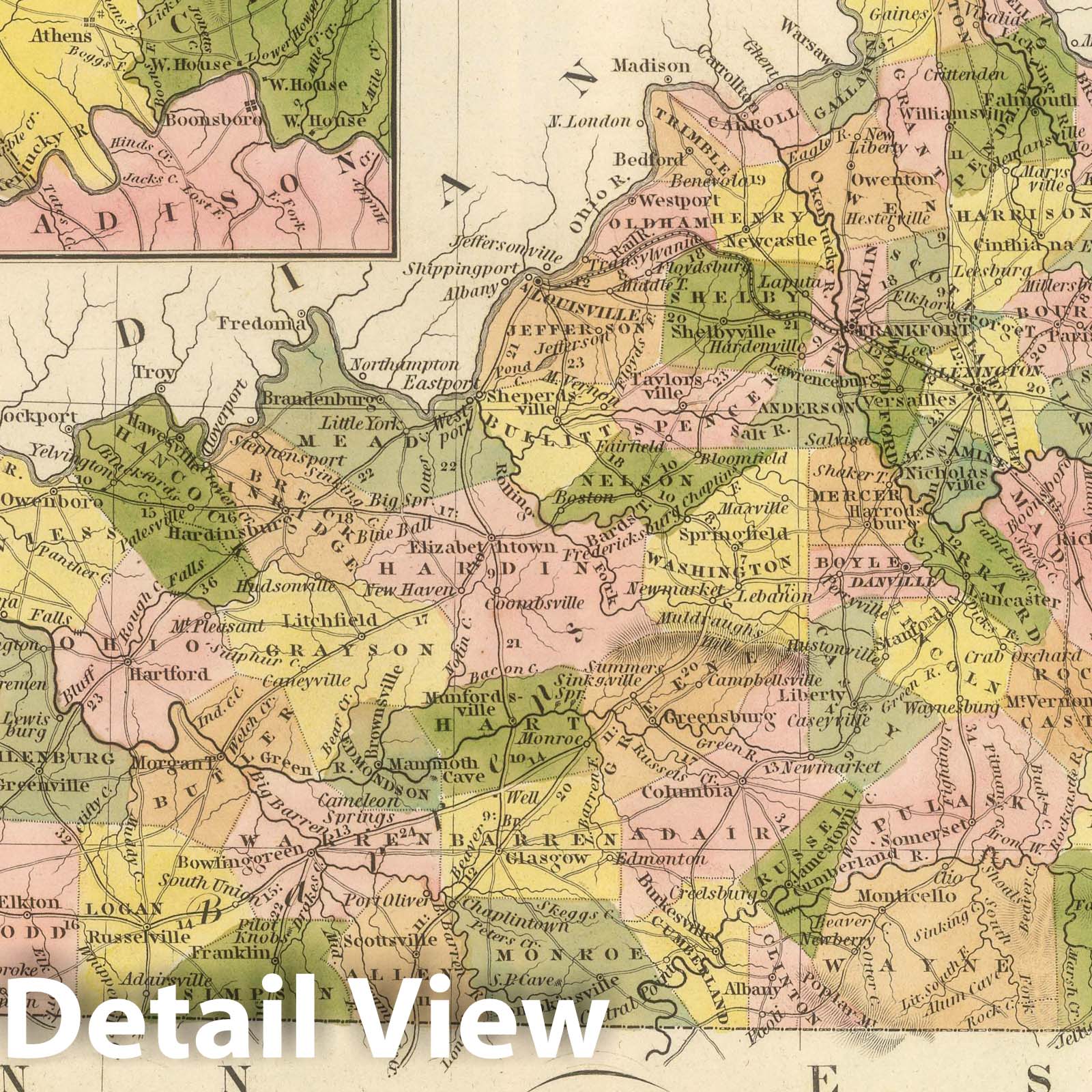Kentucky with Roads and Distances - Historical Map Print, 1845
