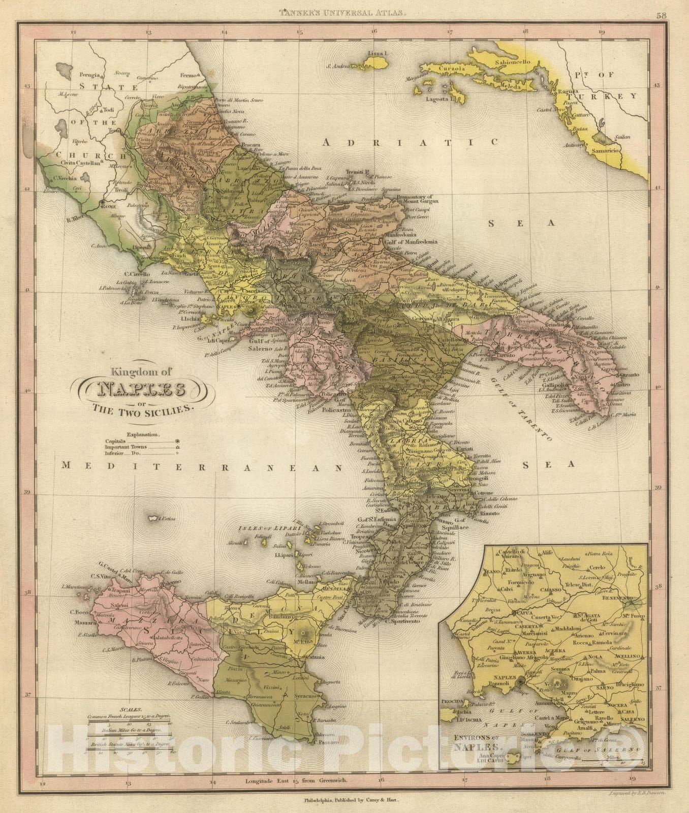 Historic Map : 1845 Kingdom of Naples or The Two Sicilies. - Vintage Wall Art