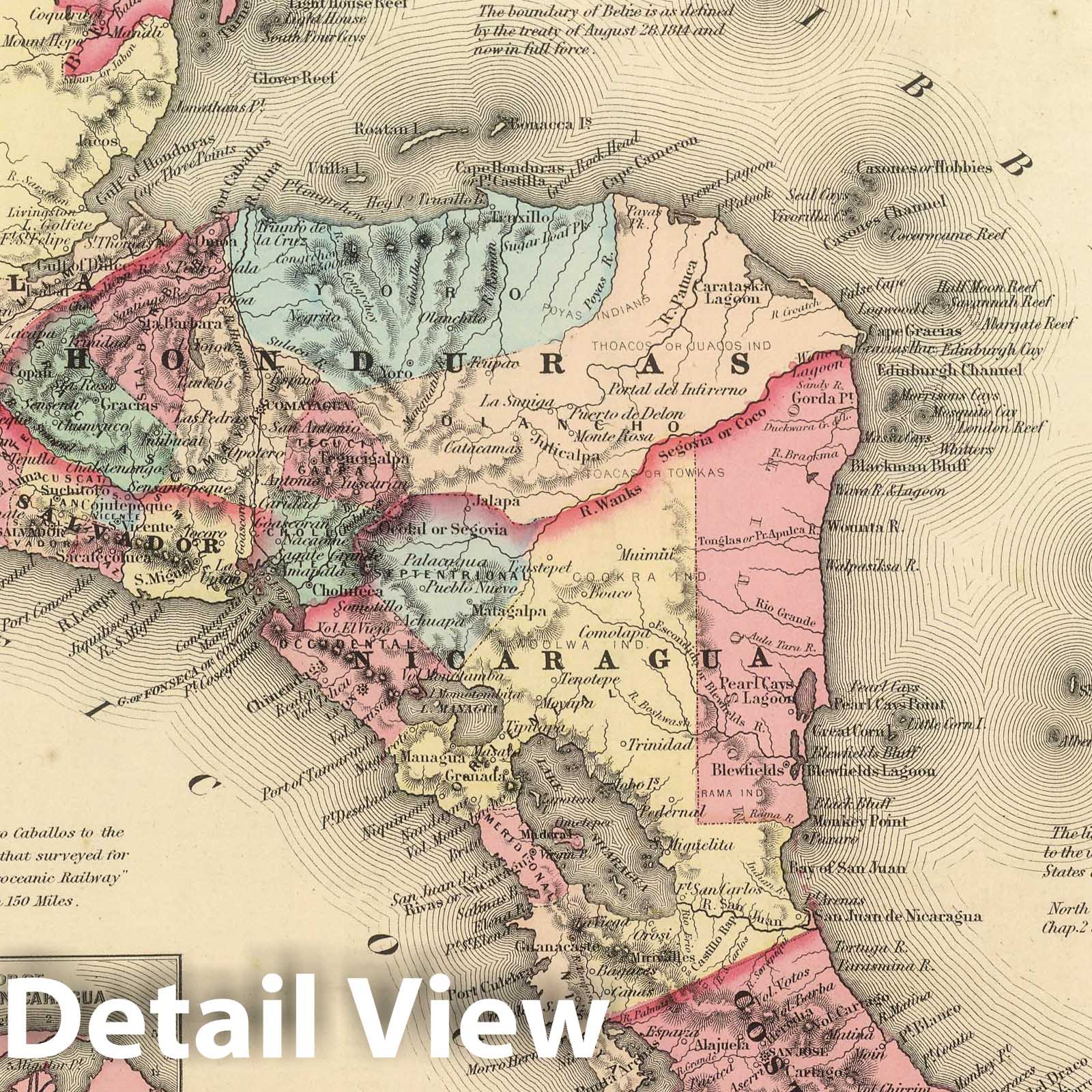 Central America with Panama, Nicaragua & Caribbean Harbors - 1857 Historical Map Print