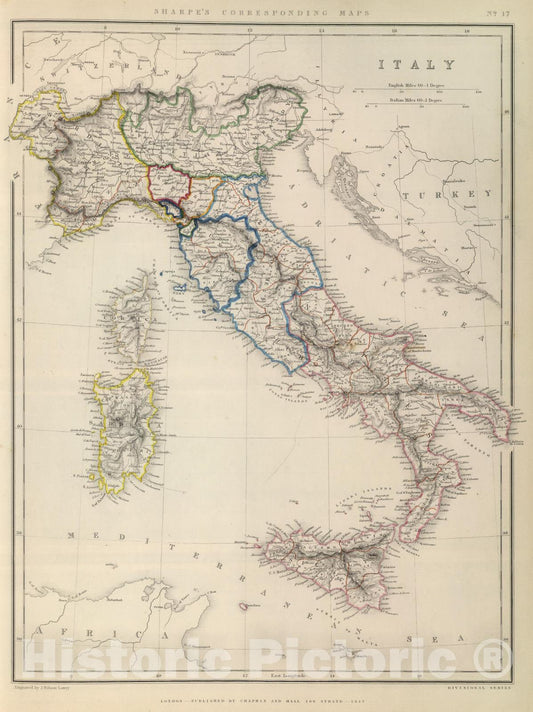 Historic Map : 1847 Italy. - Vintage Wall Art