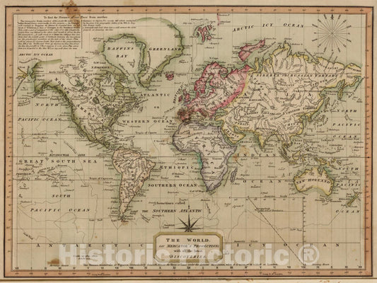 Historic Map : School Atlas - 1814 The World. On Mercator's Projection - Vintage Wall Art