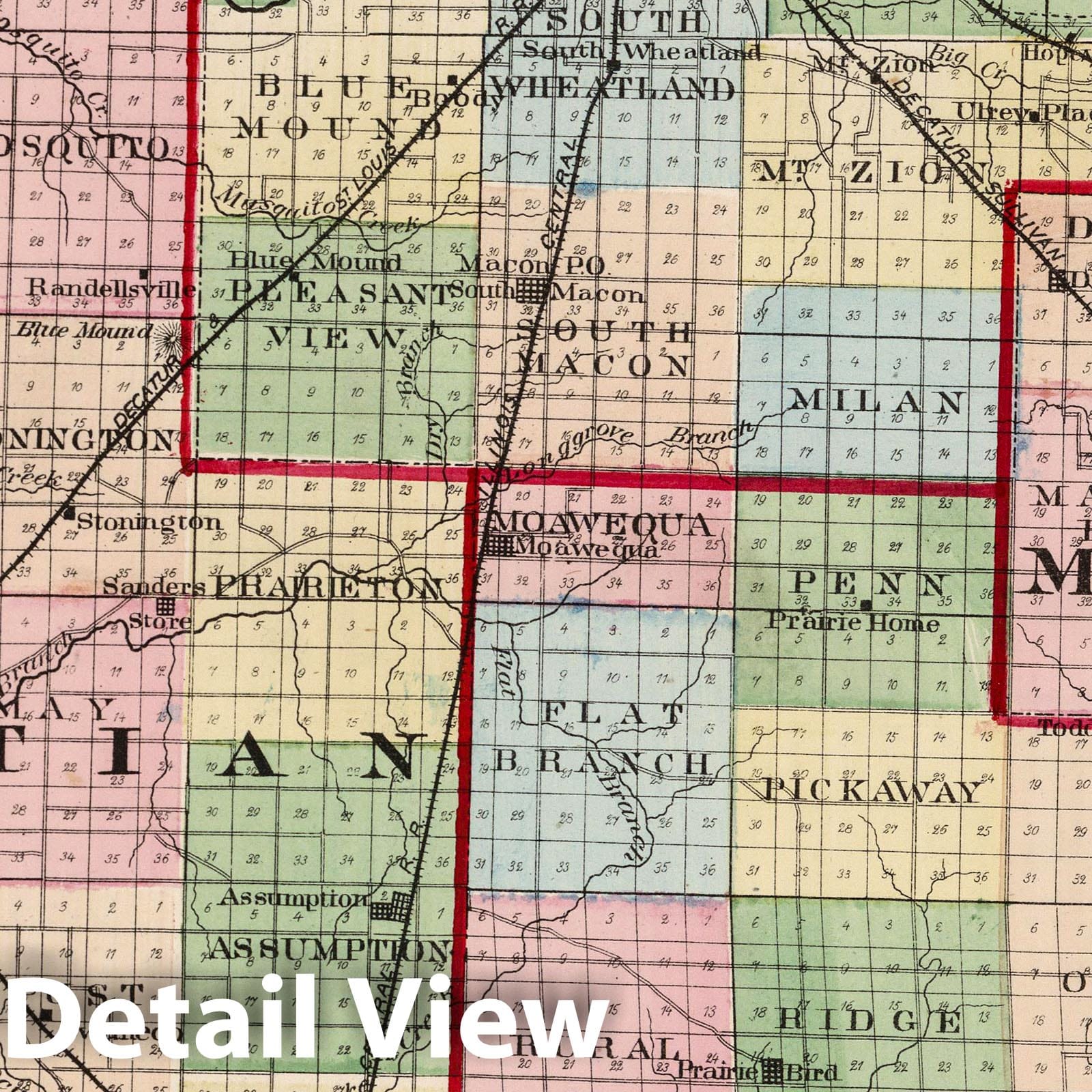Macon, Christian, Shelby, and Moultrie Counties, Illinois 1872 Historical Map