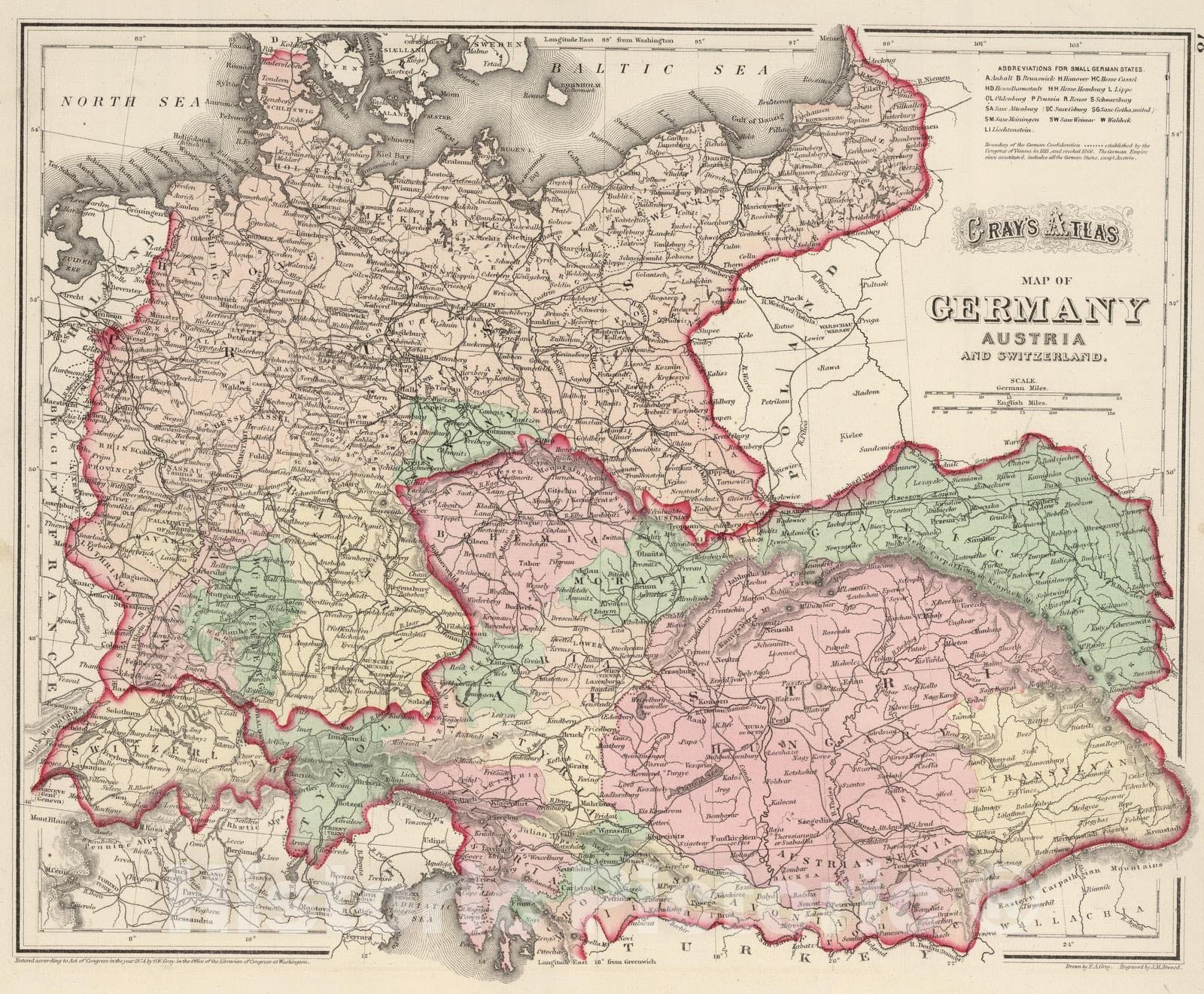 Germany, Austria, and Switzerland - Railroad Map, 1874 - Gray's Atlas