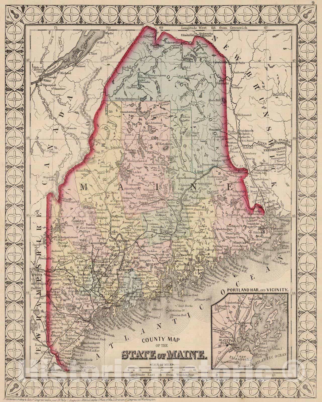 Historic Map : National Atlas - 1874 County Map of Maine. - Vintage Wall Art