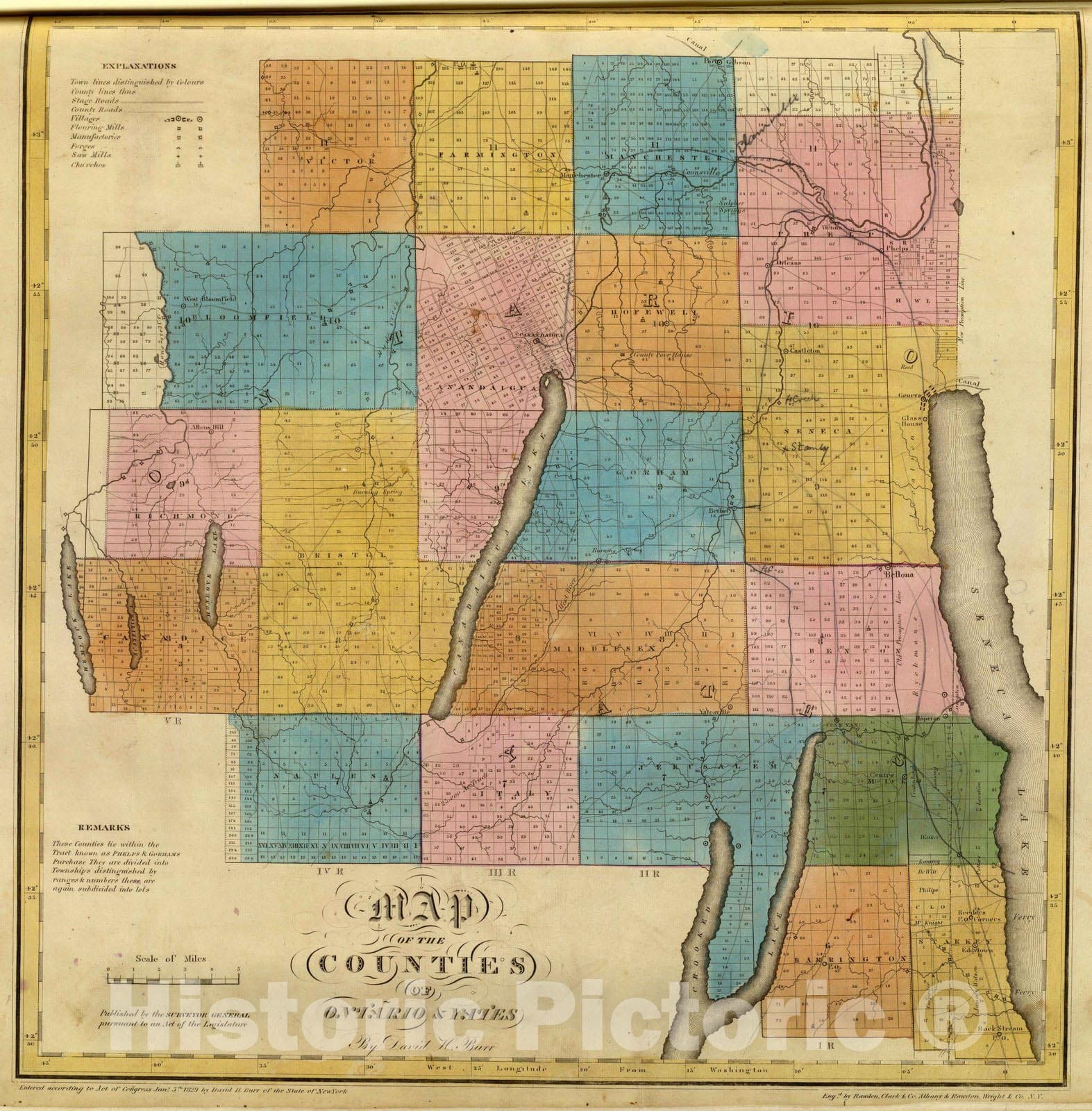 Ontario and Yates Counties, New York - Physical Map, 1829