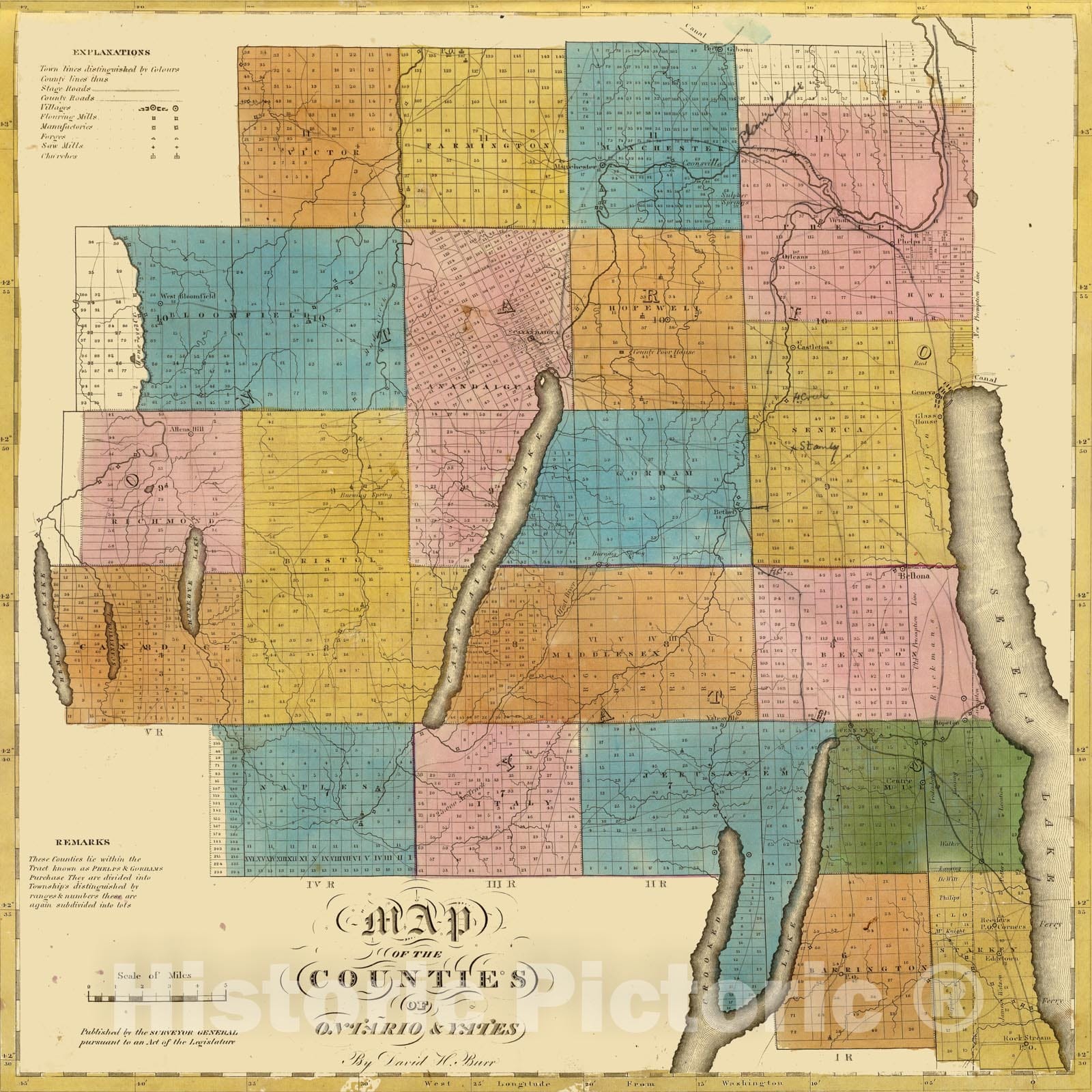 Historic Map - 1829 Ontario, Yates counties. - Vintage Wall Art