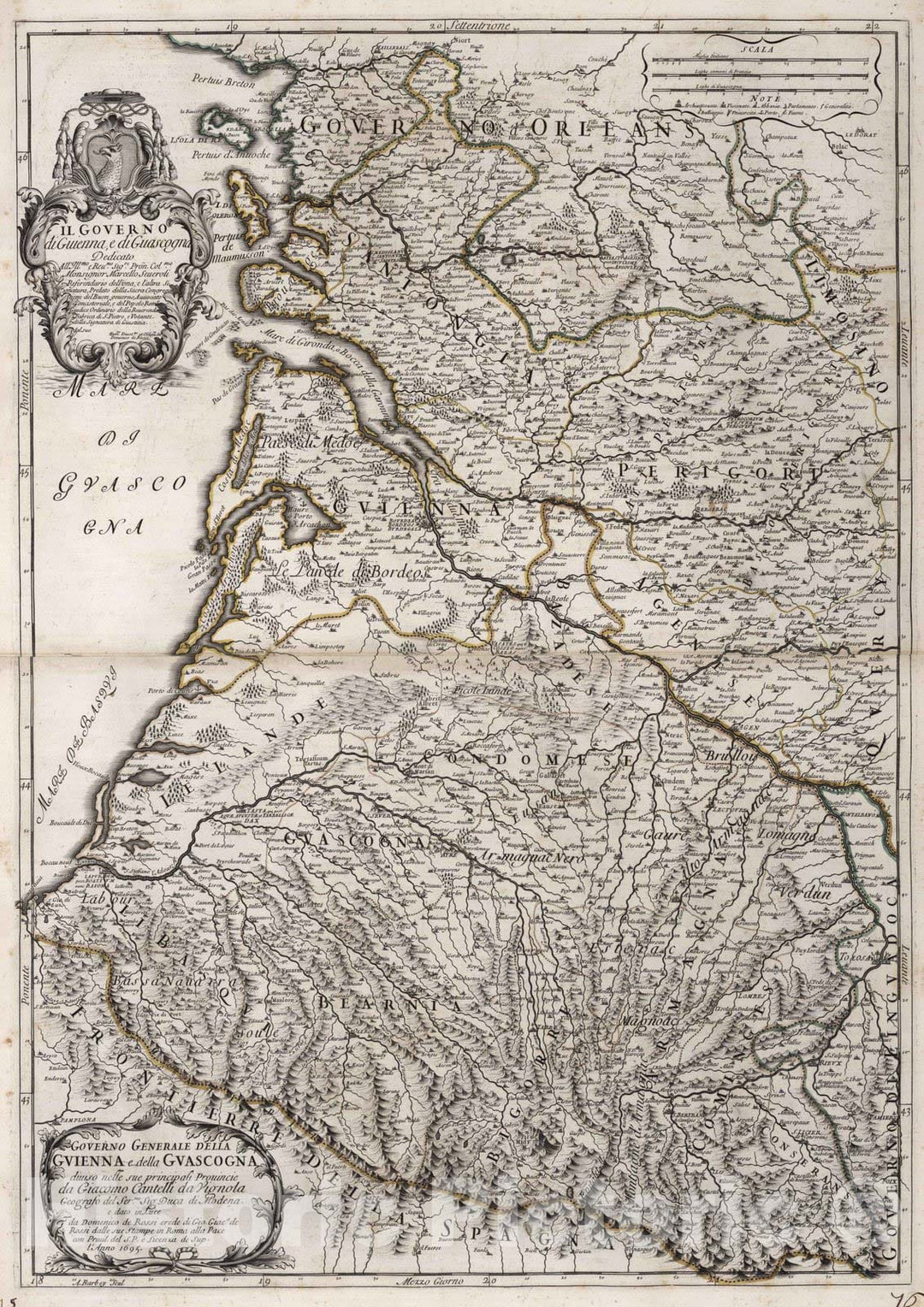 Historic Map : France, , Europe 1693 Governo Generale della Guienna , Vintage Wall Art