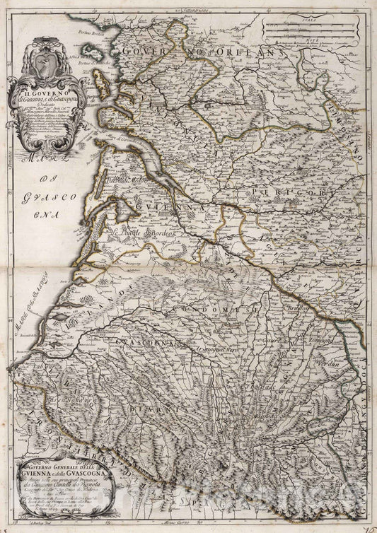 Historic Map : France, , Europe 1693 Governo Generale della Guienna , Vintage Wall Art