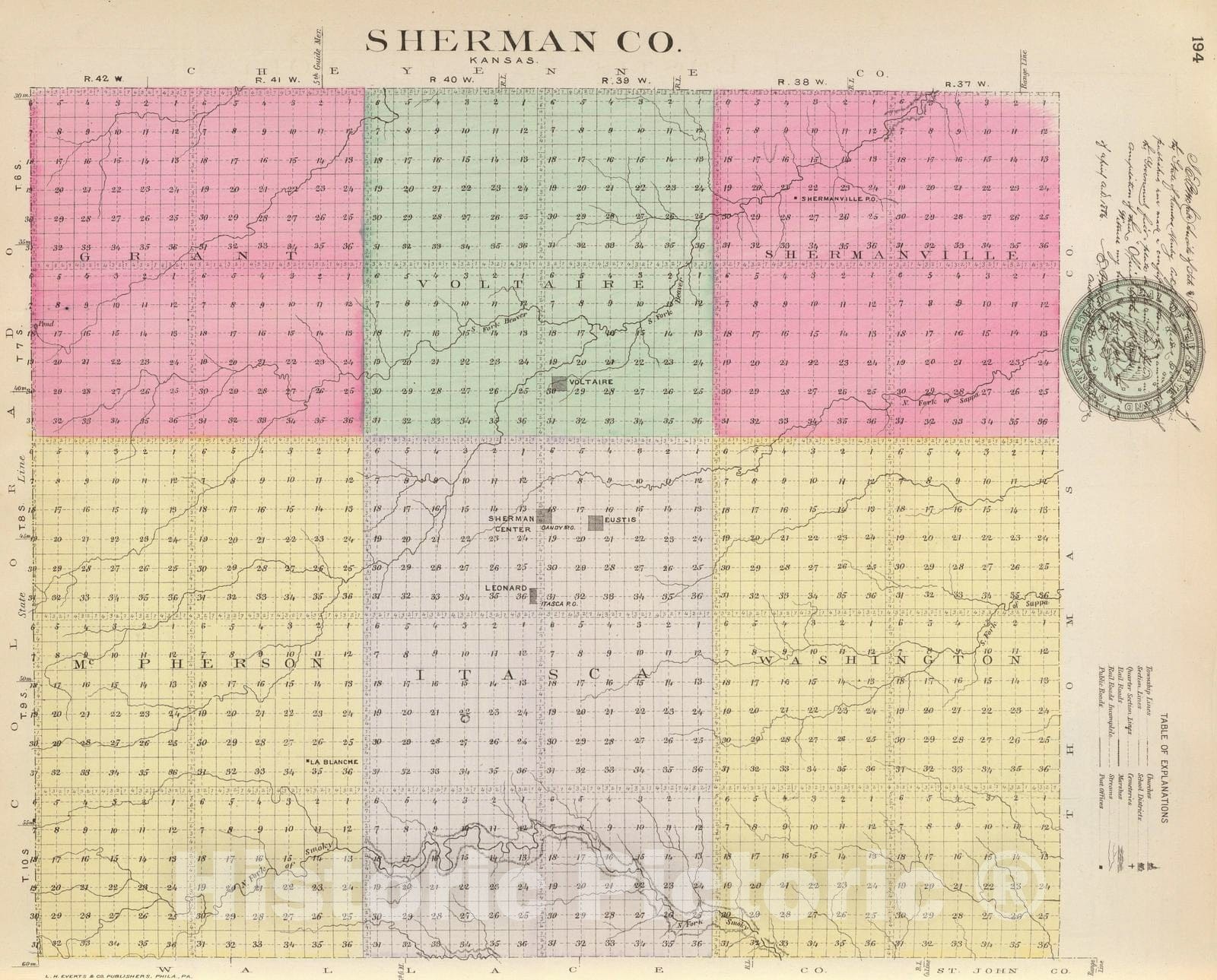 Historic Map : Kansas, 1887 Sherman Co, Kans. , Vintage Wall Art