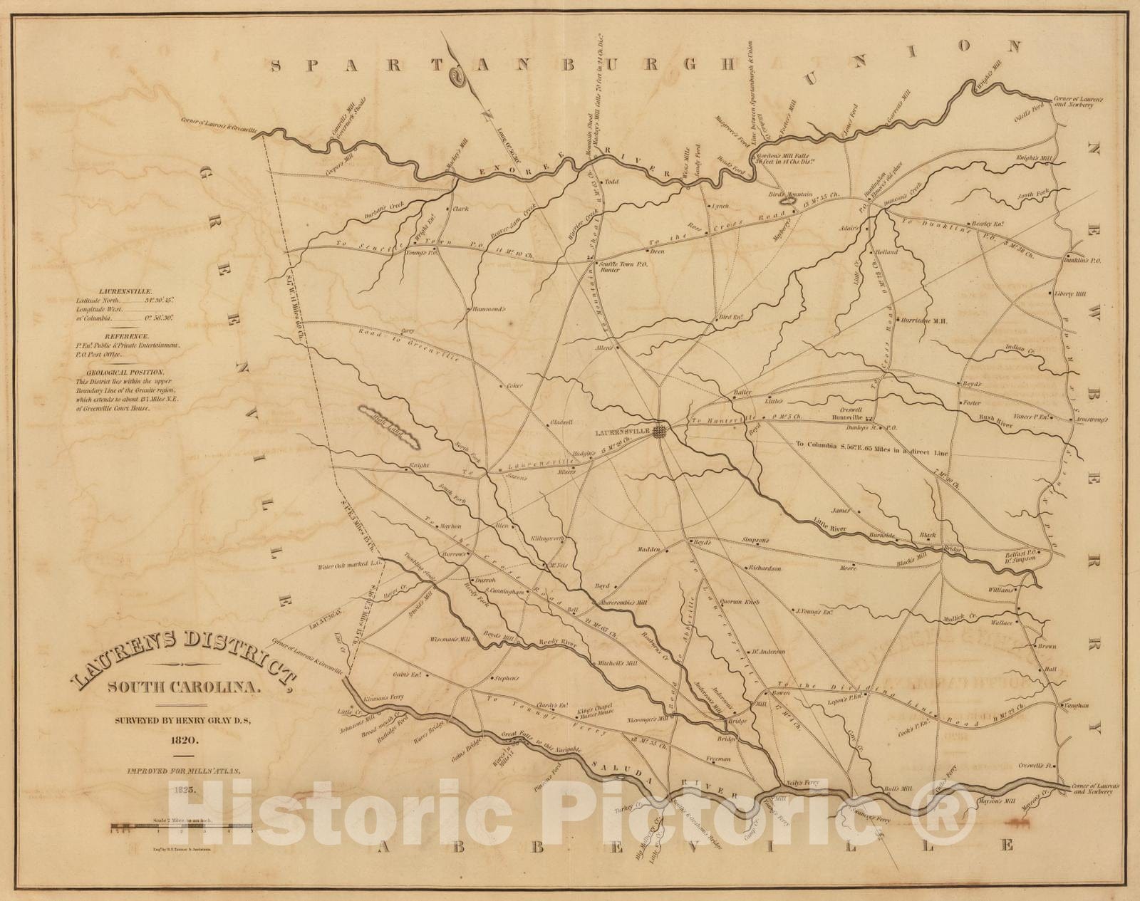 Historic Map : 1825 Laurens District, South Carolina. - Vintage Wall Art