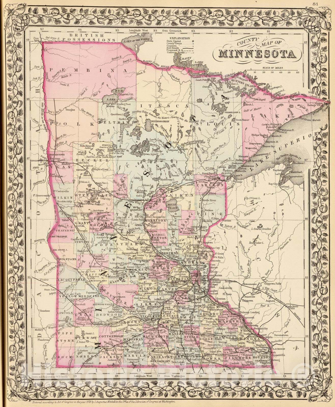Historic Map : 1880 Minnesota. - Vintage Wall Art