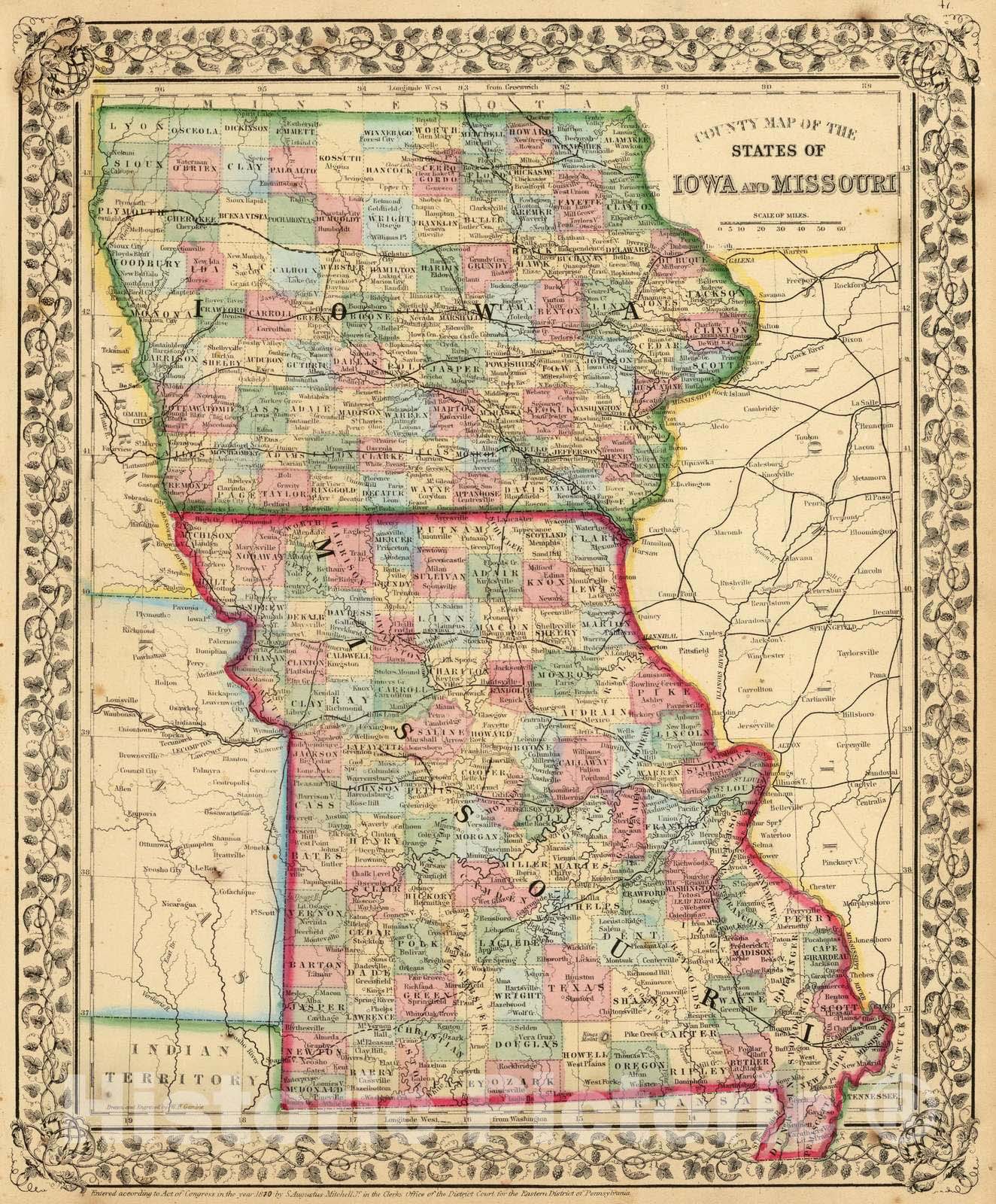 Iowa and Missouri - Railroad Map, 1870 - Historical Map Print