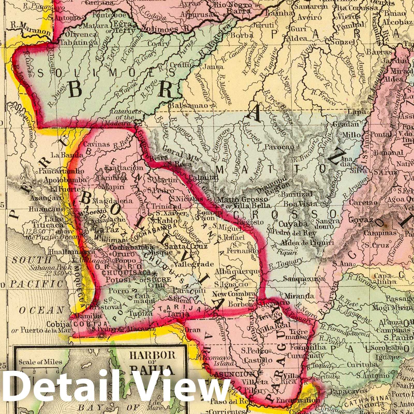 Brazil, Bolivia, Paraguay, Uruguay, Chile - Railroad Map, 1870