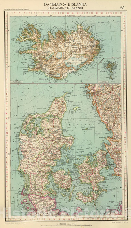 Historic Map : Denmark; Iceland, Faroe Islands 1929 65. Danimarca, Islanda. , Vintage Wall Art
