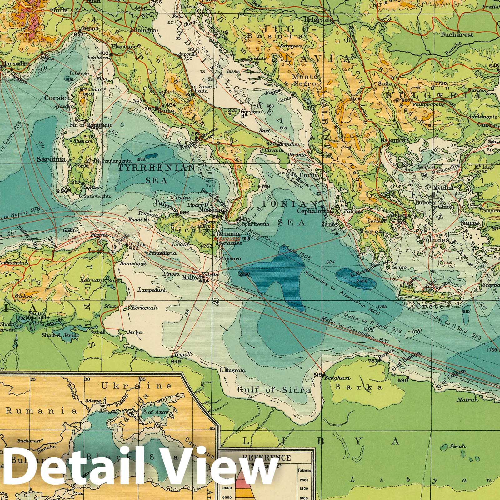 Mediterranean and Black Sea - Nautical Chart, 1922 - Historical Map Print