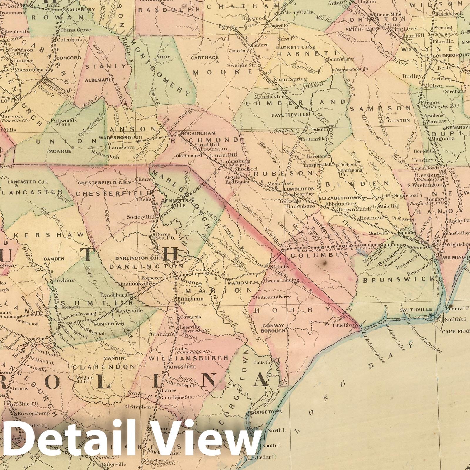 North Carolina and South Carolina - Railroad Map, 1875 - Historical Map Print