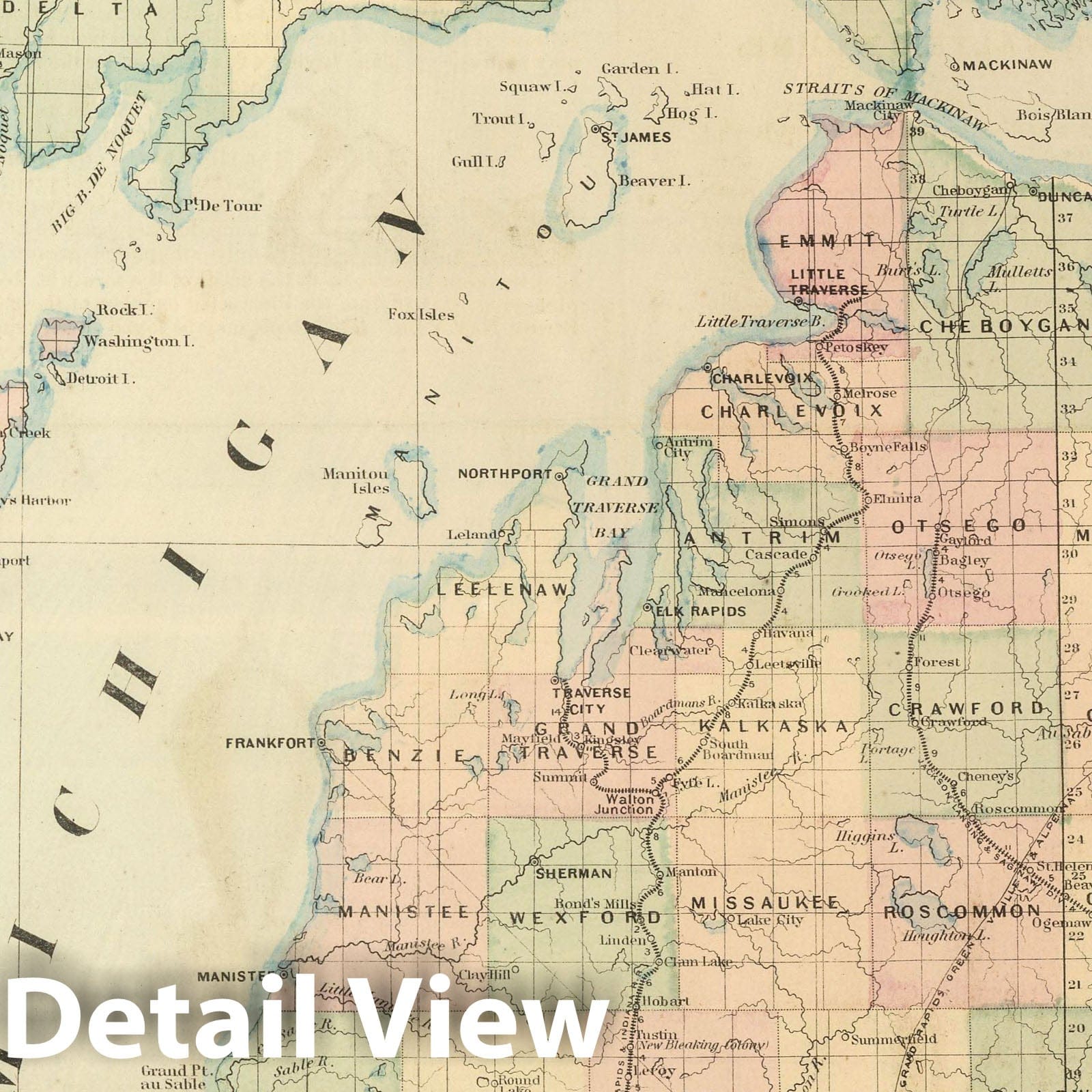 Michigan - Railroad Map, 1875 - Asher & Adams Atlas Print