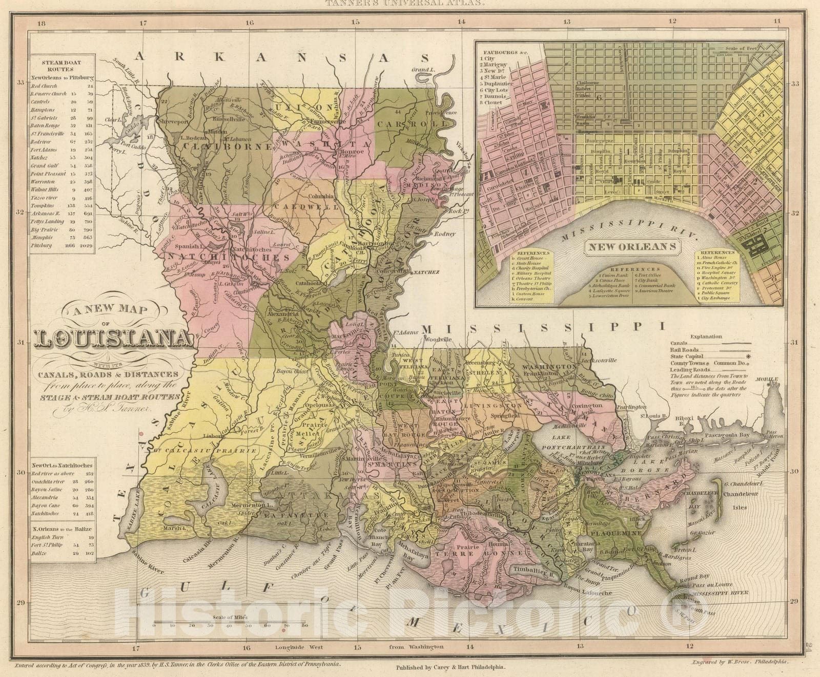 Historic Map : 1845 New Map Of Louisiana. - Vintage Wall Art