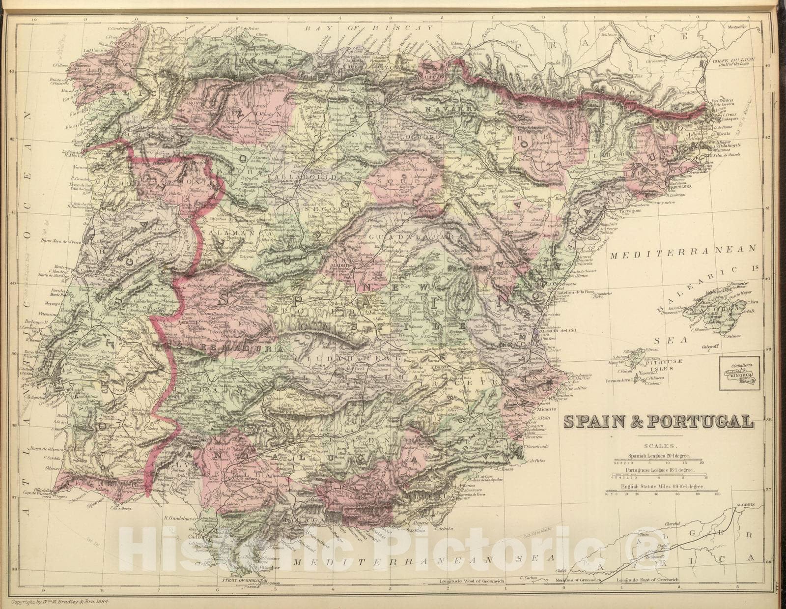 Historic Map : 1884 Spain & Portugal : Vintage Wall Art