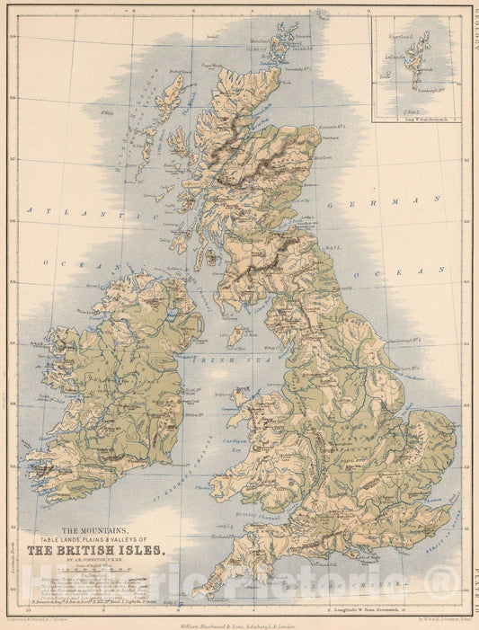 Historic Map : 1852 The Mountains, Table Lands, Plains & Valleys of the British Isles. - Vintage Wall Art