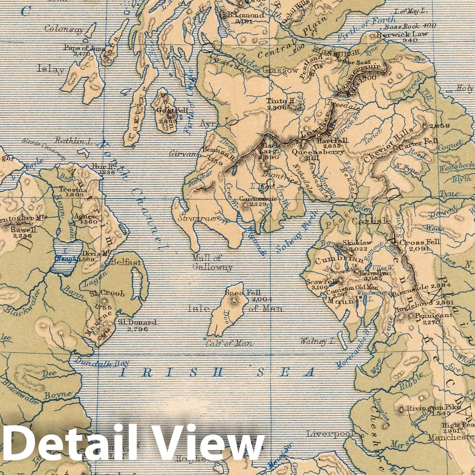 British Isles - Physical Map, 1852 - Historical Map Print
