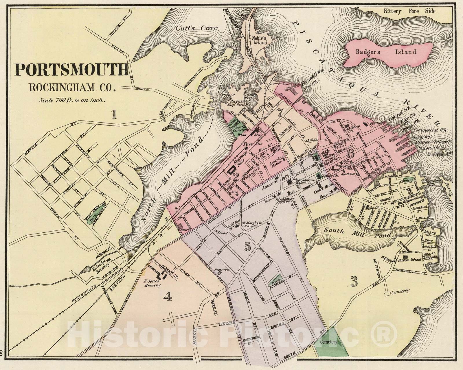 Historic Map : 1877 Portsmouth, Rockingham Co. (New Hampshire) - Vintage Wall Art