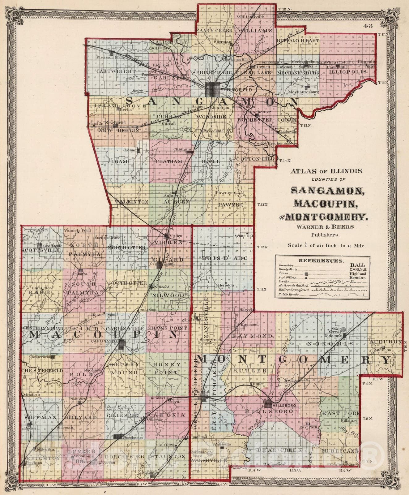 Historic Map : National Atlas - 1872 Atlas of Illinois, Counties of Sangamon, Macoupin, and Montgomery. - Vintage Wall Art