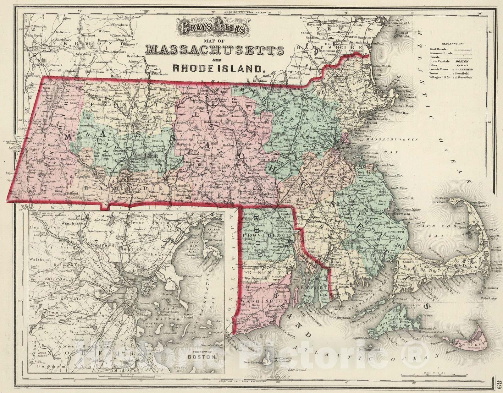 Historic Map : 1874 Massachusetts. Rhode Island. - Vintage Wall Art