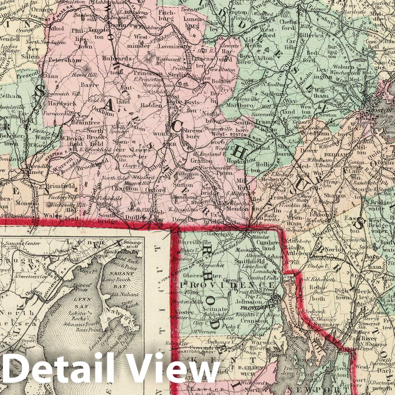Massachusetts and Rhode Island - Railroad Map, 1874 - Gray's Atlas Historical Print
