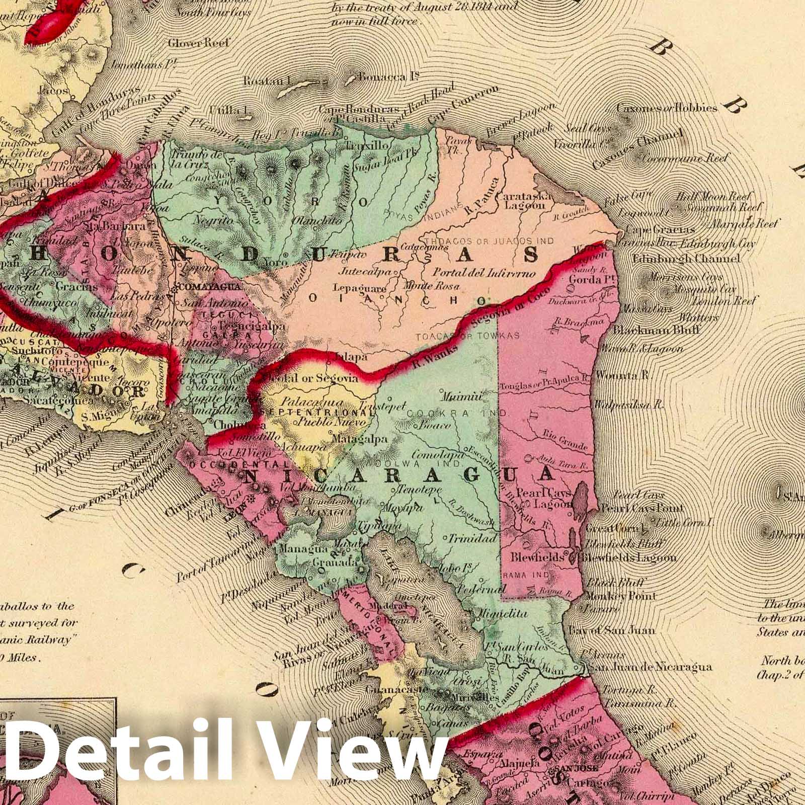 Central America - Route Map, 1860 - Johnson's Family Atlas Historical Map Print