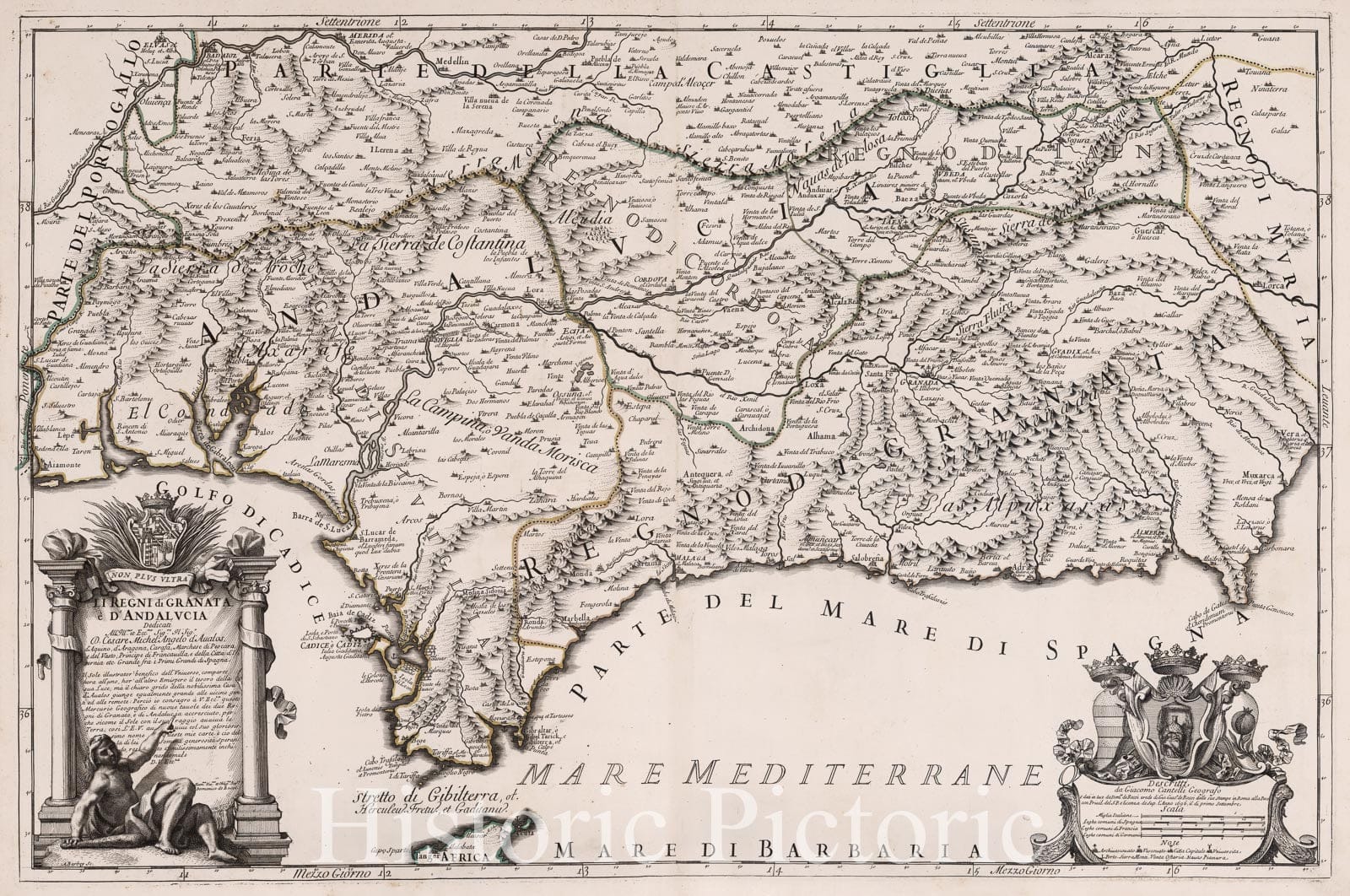 Historic Wall Map : Spain, , Europe 1696 Li Regni di Granata e d'Andalucia , Vintage Wall Art