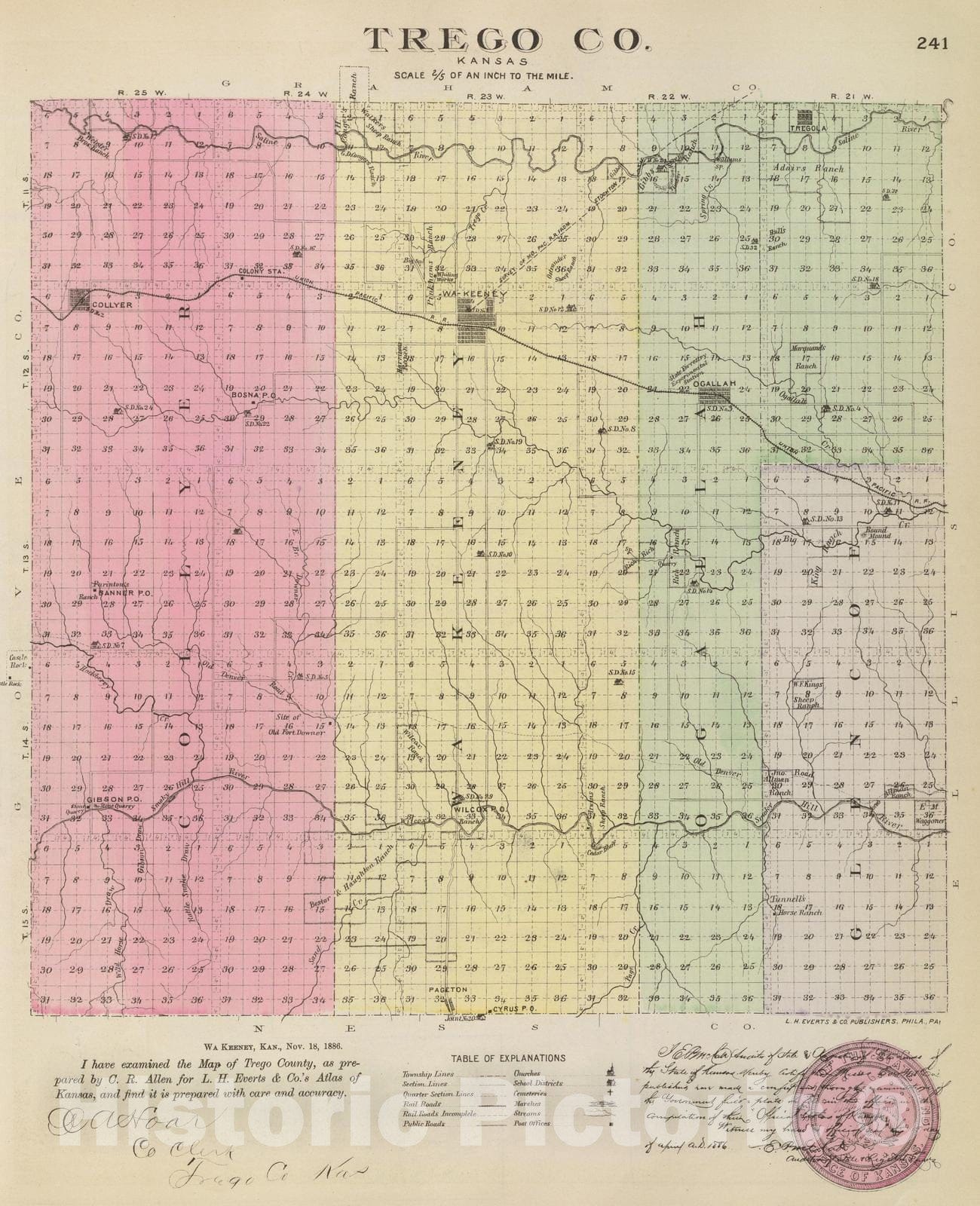 Historic Map : Kansas, 1887 Trego Co, Kansas. , Vintage Wall Art