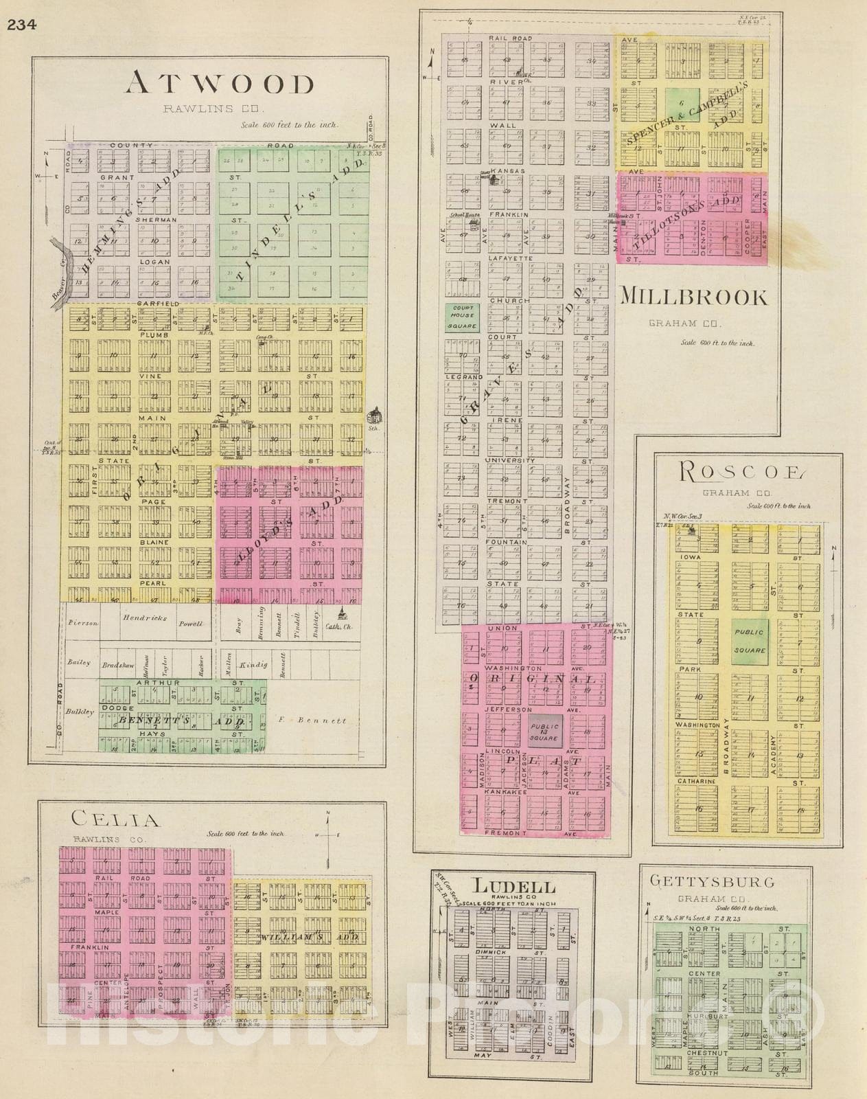 Historic Map : 1887 Atwood, Millbrook, Roscoe, Celia, Ludell, Gettysburg. - Vintage Wall Art