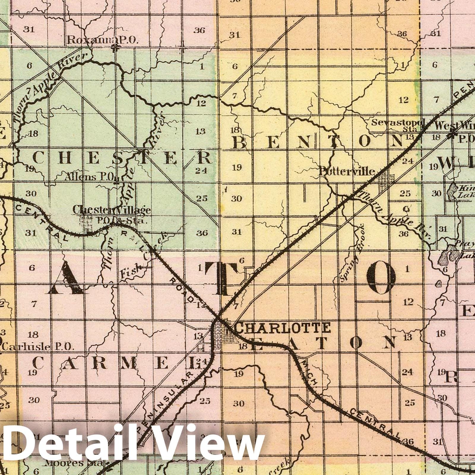 Eaton County, Michigan - Railroad Map, 1873 - Historical Map Print