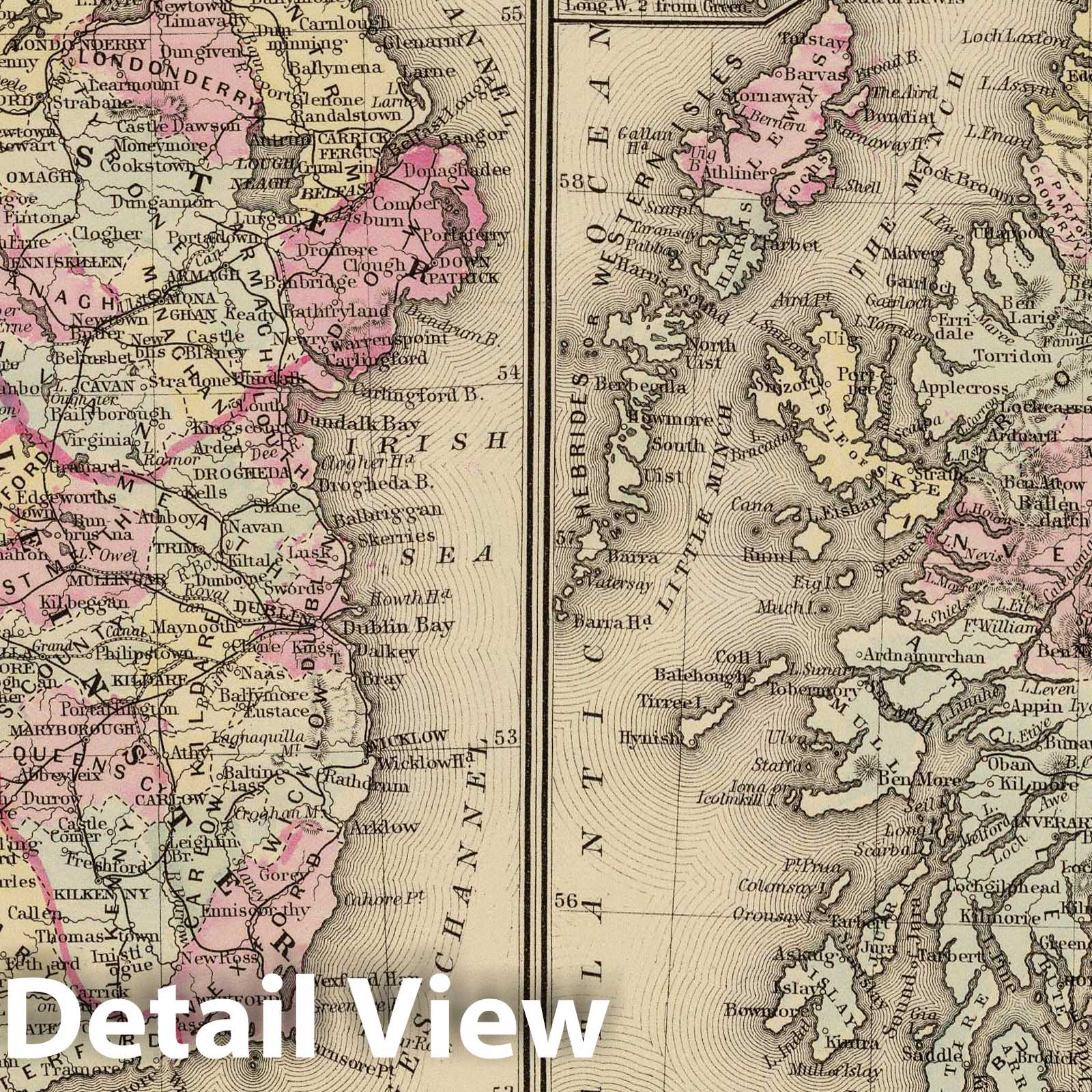 Ireland and Scotland County Map with Railroads 1880 - Historical Map Print