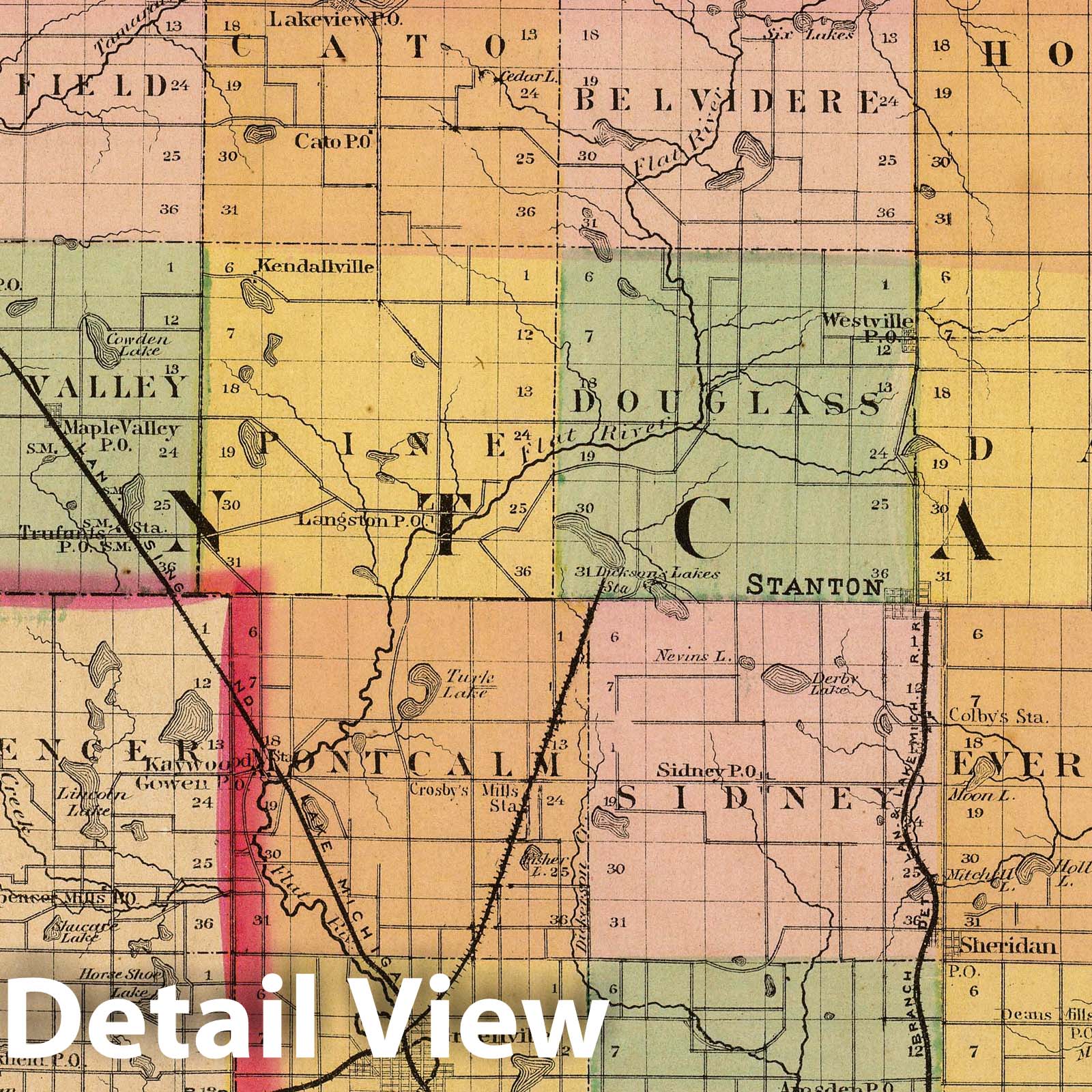 Montcalm County, Michigan - Railroad Map, 1873 - Historical Map Print