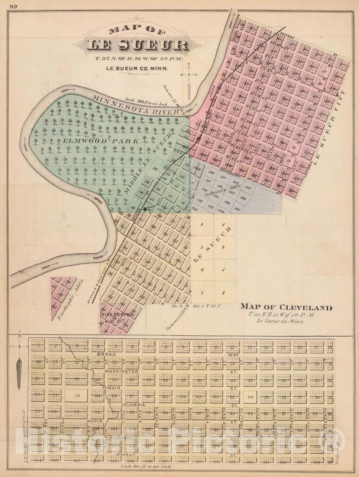 Historic Map : Cleveland (Minn.), Minnesota, 1874 Map of Le Sueur, Map of Cleveland, Le Sueur Co, Minn. , Vintage Wall Art
