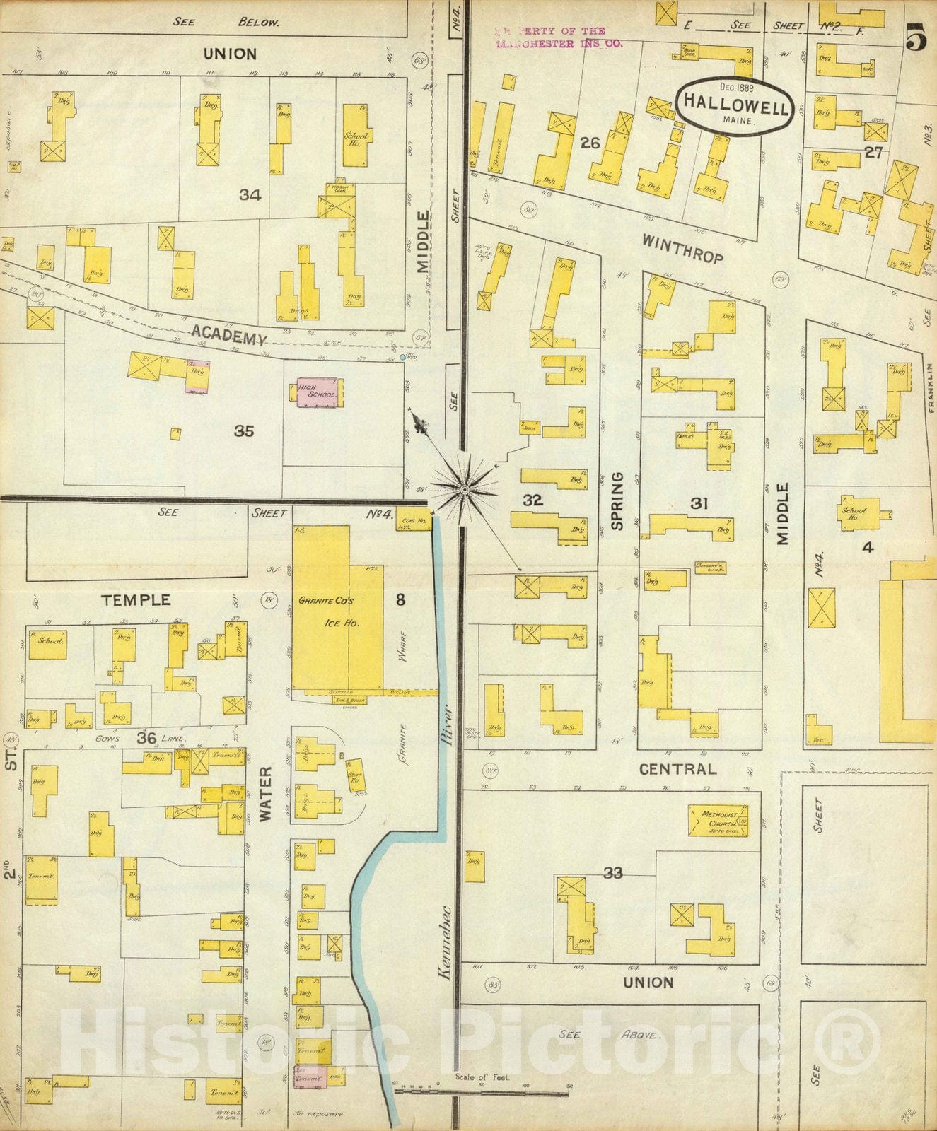 Historic Map : City Atlas - 1890 Hallowell, Kennebec Co, Maine (sheet) 5. - Vintage Wall Art