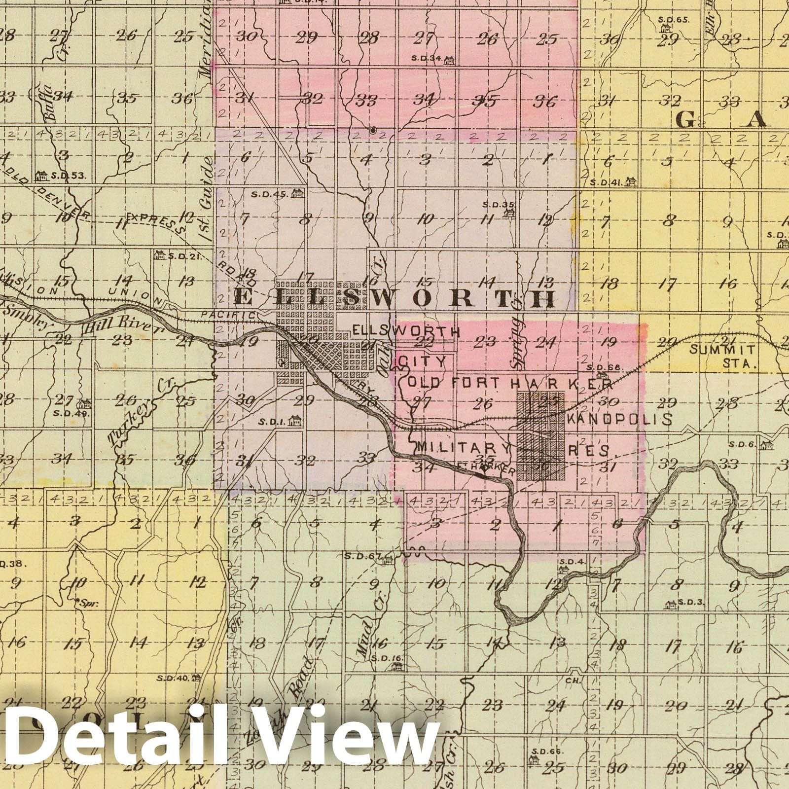 Ellsworth County, Kansas - Military Map, 1887 - Historical Map Print