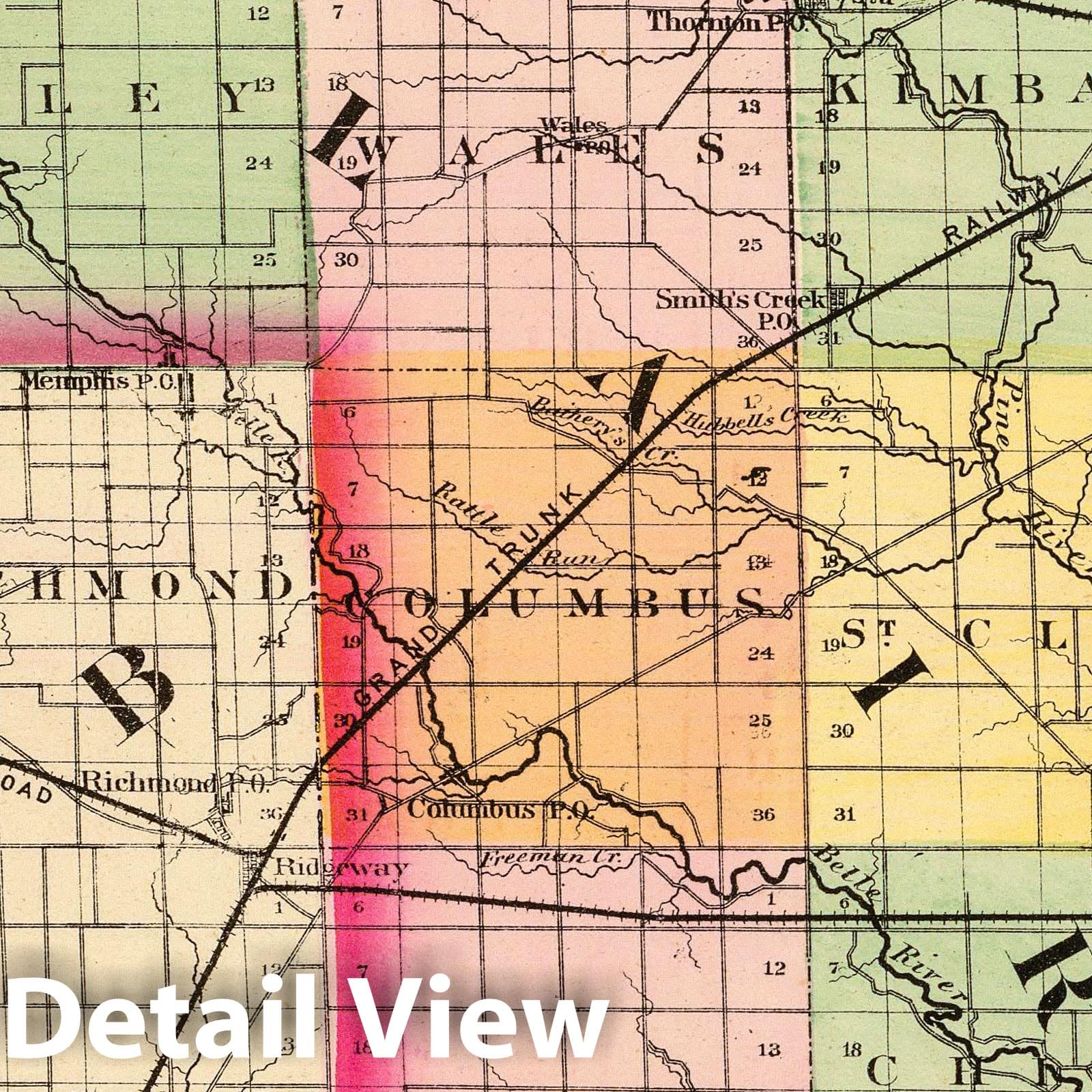 Saint Clair County, Michigan - Railroad Map, 1873 - Historical Map Print